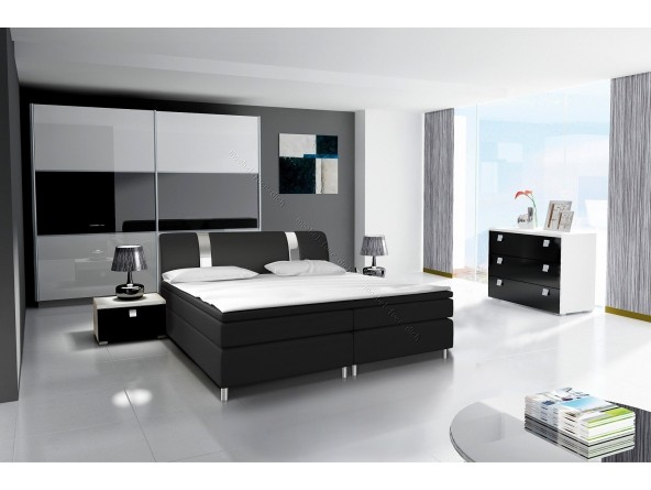 Komplett Schlafzimmer RivaBOX in Hochglanz mit BOXSPRINGBETT weiß / schwarz