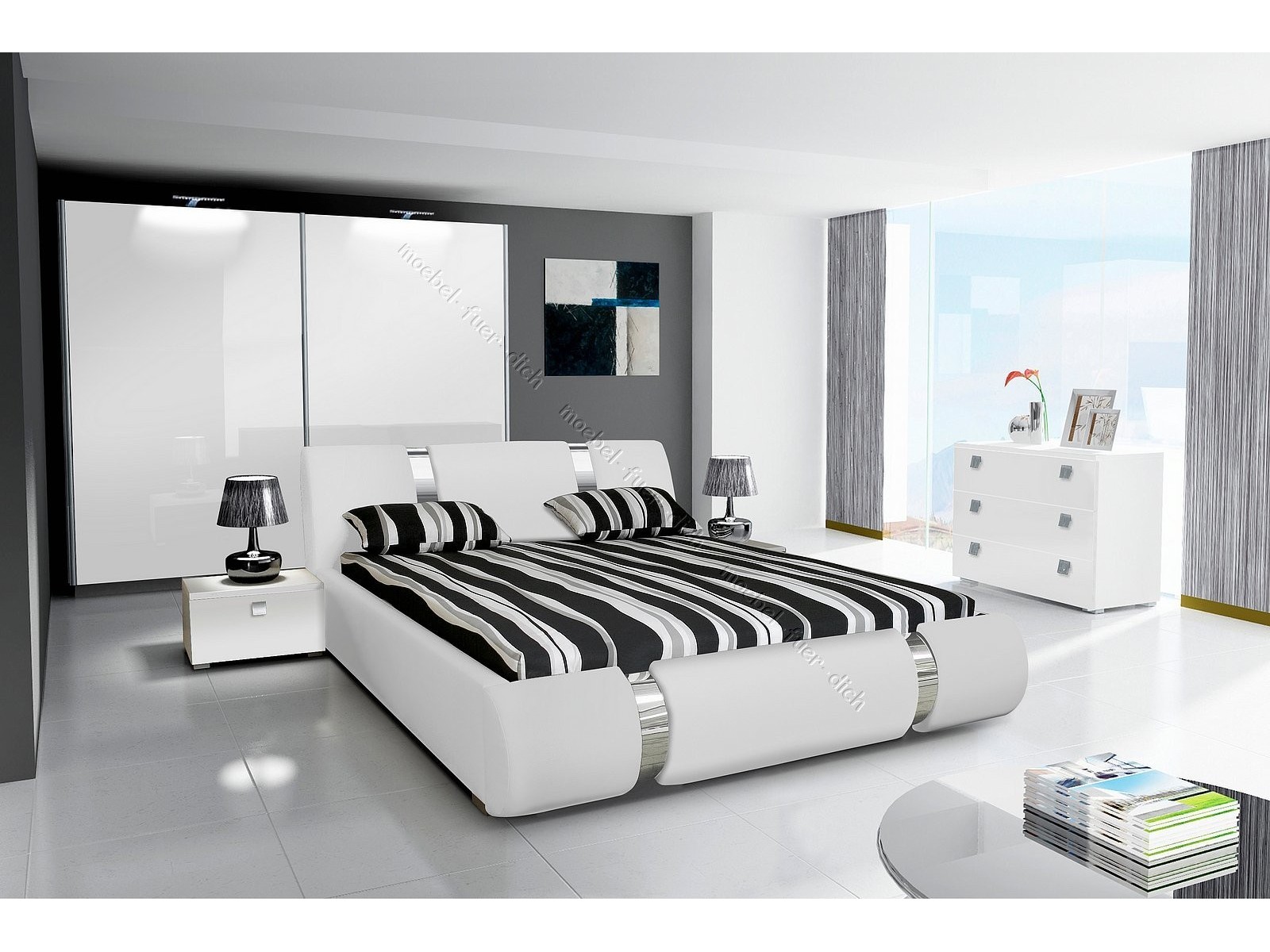 komplett hochglanz schlafzimmer riva ii mit designer - polsterbett weiß  oder schwarz
