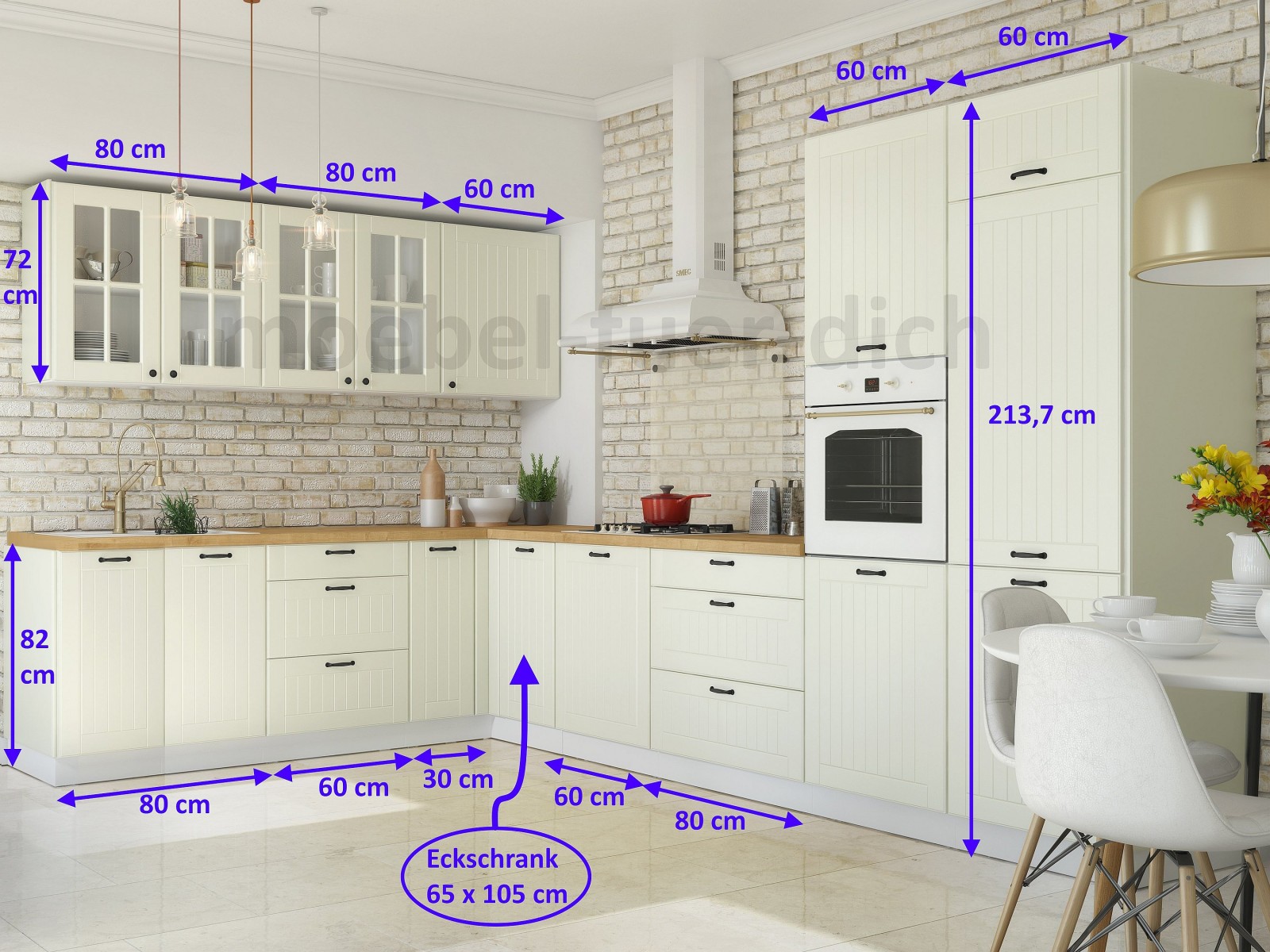 Landhaus Küchenzeile Eckküche LORA L-Form 235x365 cm in weiß, beige oder  grau | Küchenzeilen mit Geräten