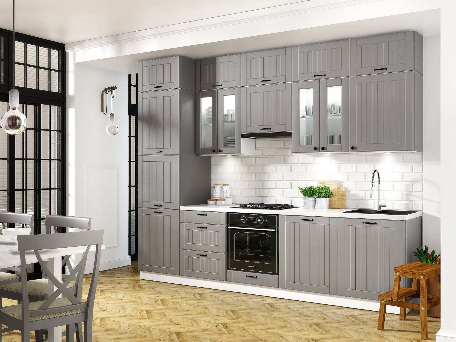 Küchenzeile in cm L-Form Eckküche 235x365 beige grau Landhaus oder weiß, LORA