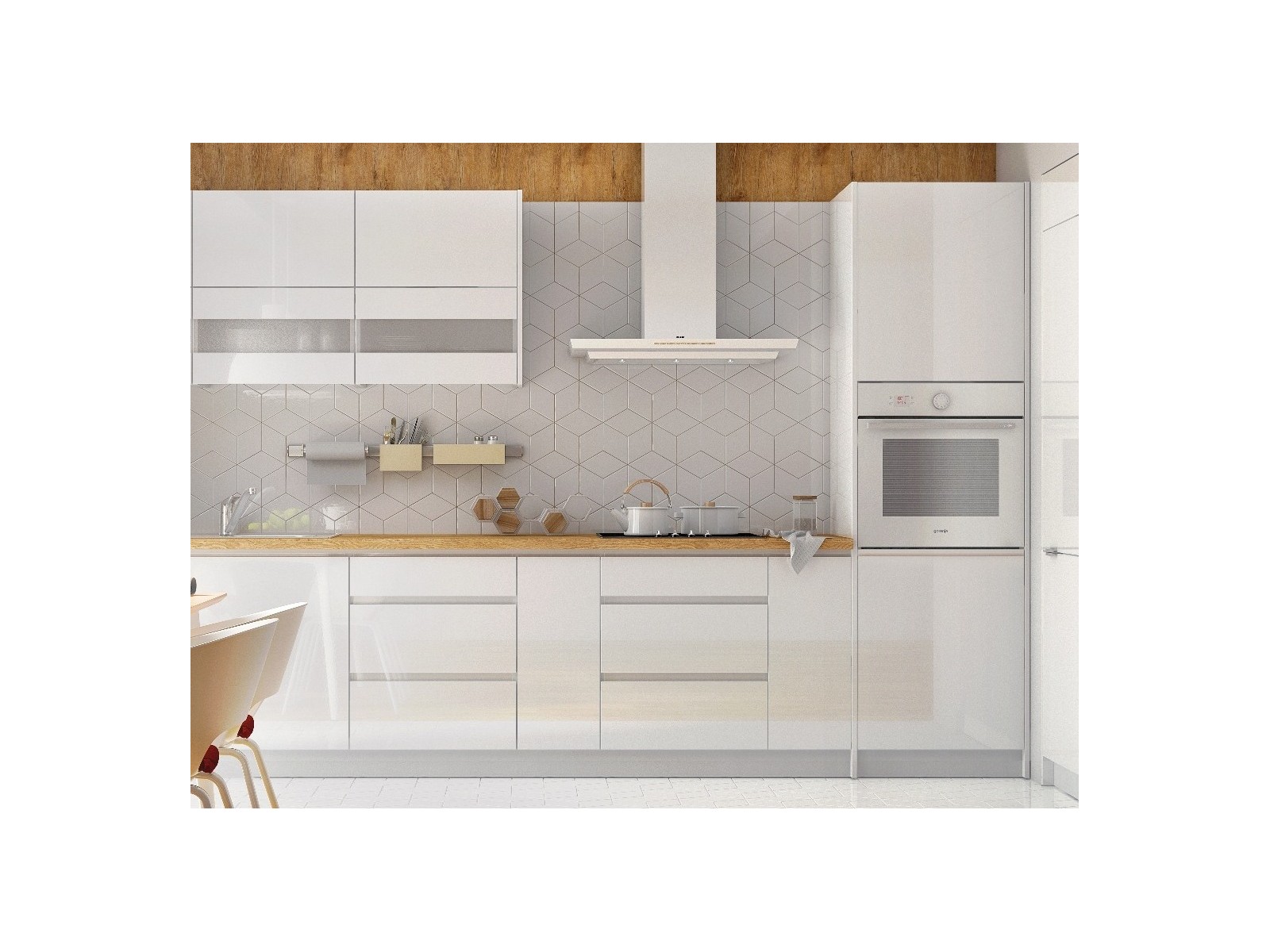 Grifflose Hochglanz Einbauküche Küchenzeile Campari 300 cm, 8-teilig, in Weiß