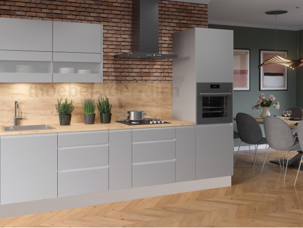 Grifflose Hochglanz Einbauküche Küchenzeile Campari 300 cm, 8-teilig, in Grau