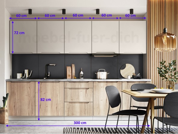 Moderne grifflose Küchenzeile Einbauküche Zoya 300 cm - Abmessungen