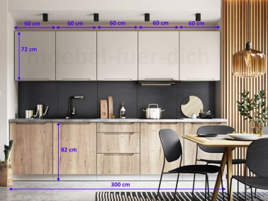 Moderne grifflose Küchenzeile Einbauküche Zoya 300 cm - Abmessungen