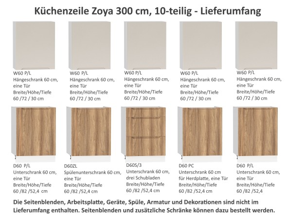 Moderne grifflose Küchenzeile Einbauküche Zoya 300 cm - Lieferumfang
