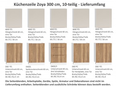 Moderne grifflose Küchenzeile Einbauküche Zoya 300 cm - Lieferumfang