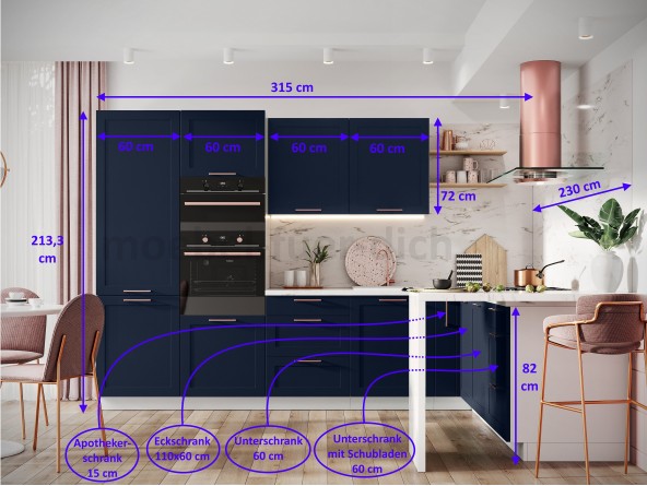 Eckküche Adele Dunkelblau - Abmessungen