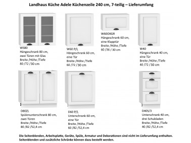 Landhausküche mit Rahmenfronten Adele 240 cm - Lieferumfang