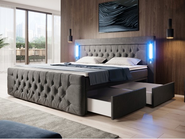 Boxspringbett Royal mit USB-Anschluss, LED und Bettkastenschubladen