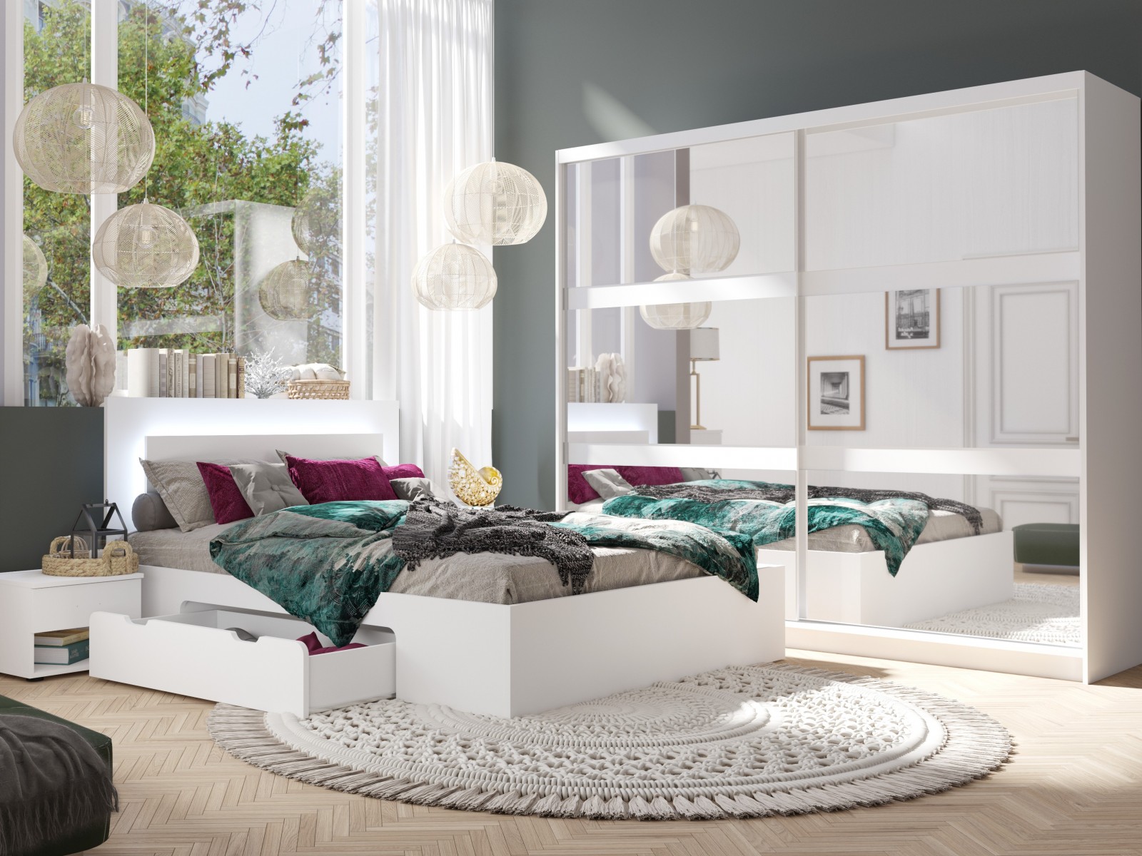 4 teiliges Schlafzimmer Set Fino mit im Bett weiß, Schubladen