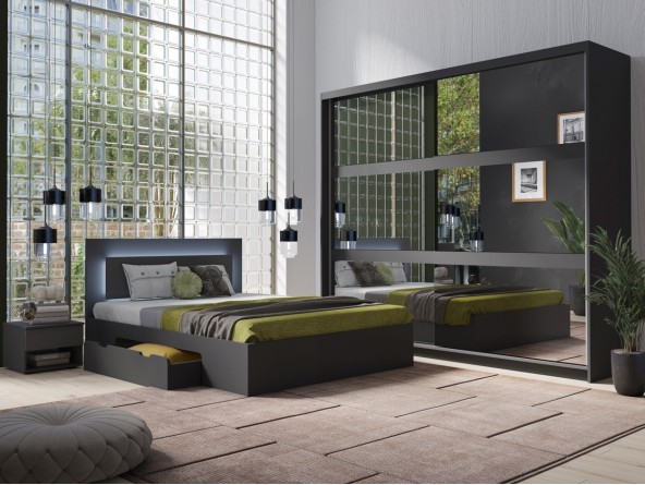Komplettschlafzimmer Fino in Graphitgrau: Bett mit Schubladen und LED, Schrank mit Spiegel sowie 2xNako