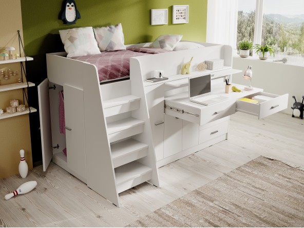 Hochbett Ingenio mit ausziehbarem Schreibtisch und Mini-Kleiderschrank