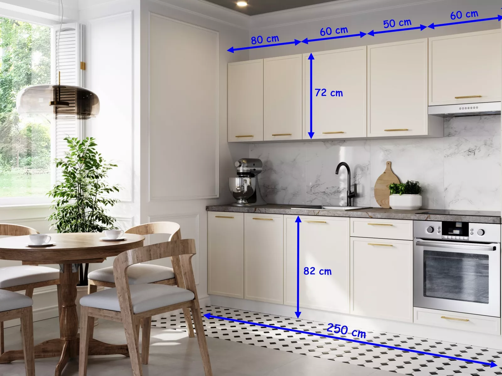 Moderne Küchenzeile ELIN 250 cm mit schmalen Rahmenfronten 8-teilig