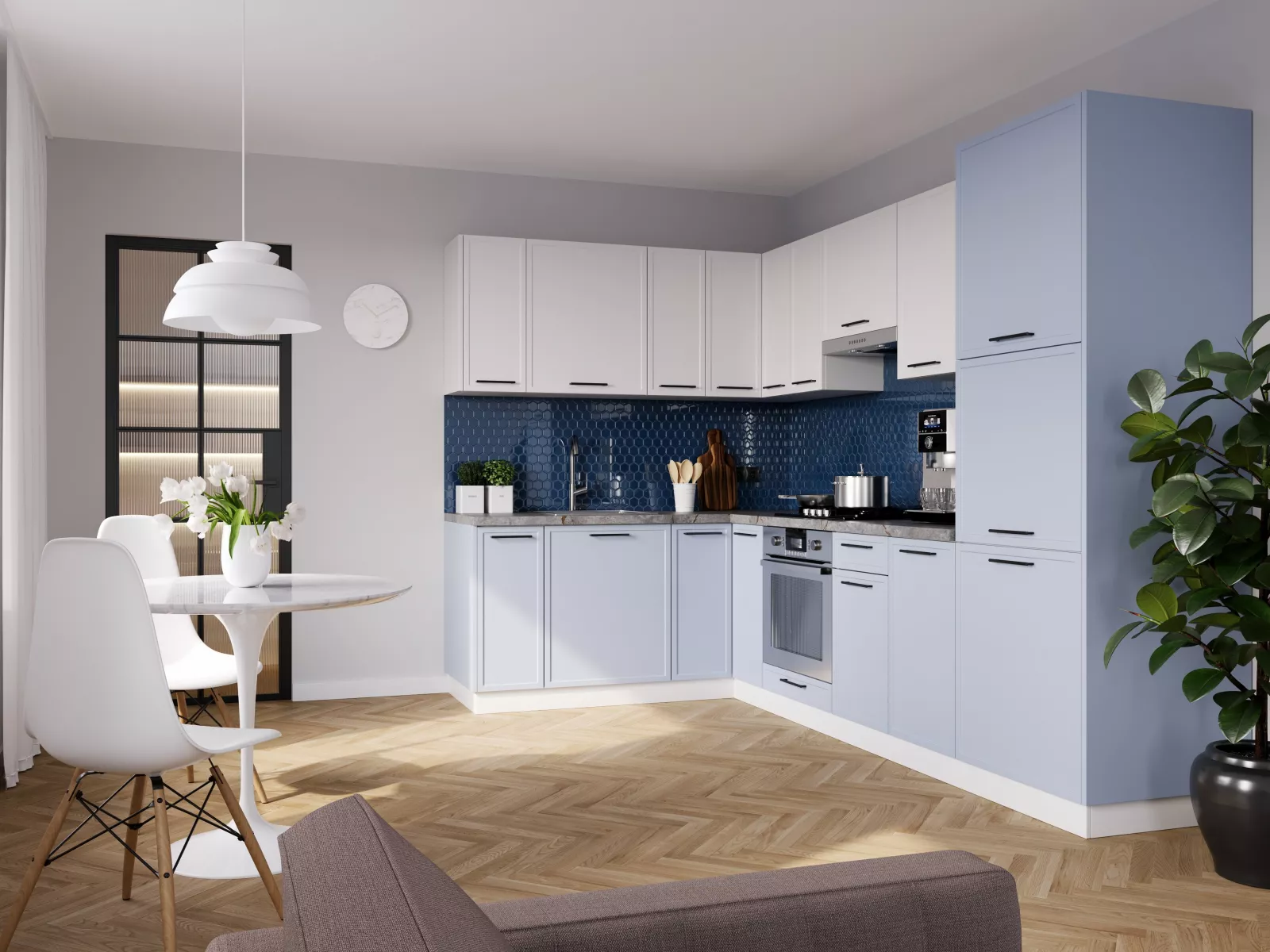Eckküche Küchenzeile in L-Form ELIN 290x180 cm mit modernen, schmalen Rahmenfronten 14-teilig