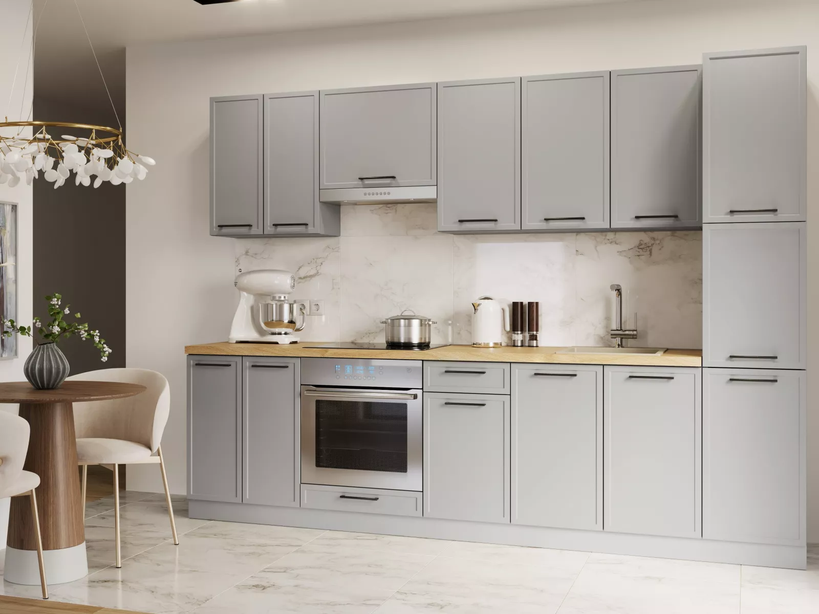 Moderne Einbauküche ELIN 280 cm Set02 mit schmalen Rahmenfronten