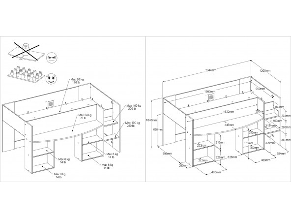 Jugendzimmer Pirouette 11 - Hochbett - Abmessungen