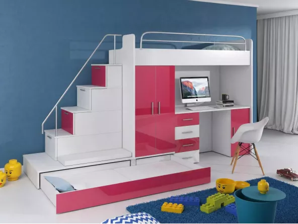 Hochbett Tomi mit Schreibtisch und Kleiderschrank
