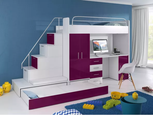 Hochbett Tomi mit Schreibtisch und Kleiderschrank - Gästebett
