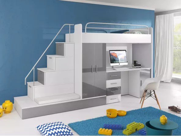 Hochbett Tomi mit Schreibtisch und Kleiderschrank - Fronten grau