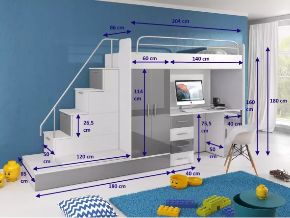 Hochbett Tomi mit Schreibtisch und Kleiderschrank - Abmessungen
