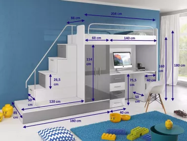 Hochbett Tomi mit Schreibtisch und Kleiderschrank - Abmessungen