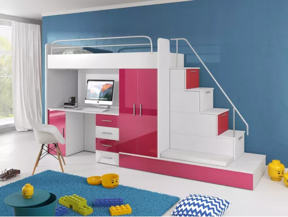 Hochbett Tomi mit Schreibtisch und Kleiderschrank - Fronten rosa