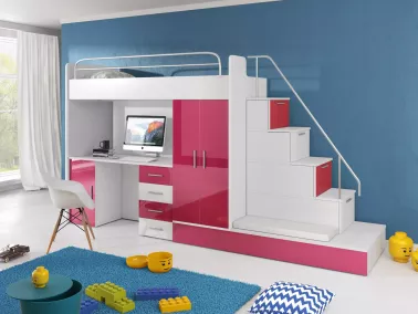 Hochbett Tomi mit Schreibtisch und Kleiderschrank - Fronten rosa