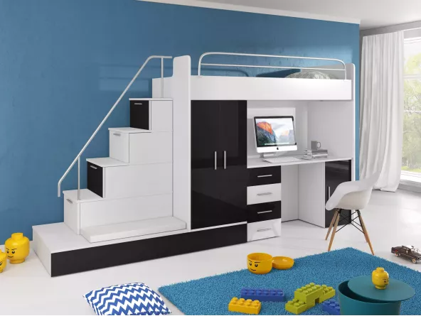 Hochbett Tomi mit Schreibtisch und Kleiderschrank - Fronten schwarz