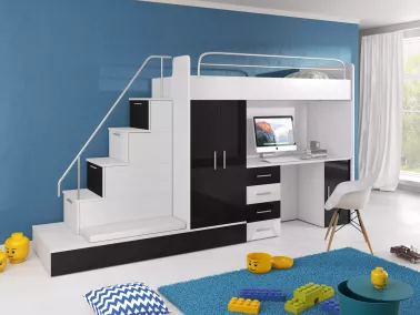 Hochbett Tomi mit Schreibtisch und Kleiderschrank - Fronten schwarz
