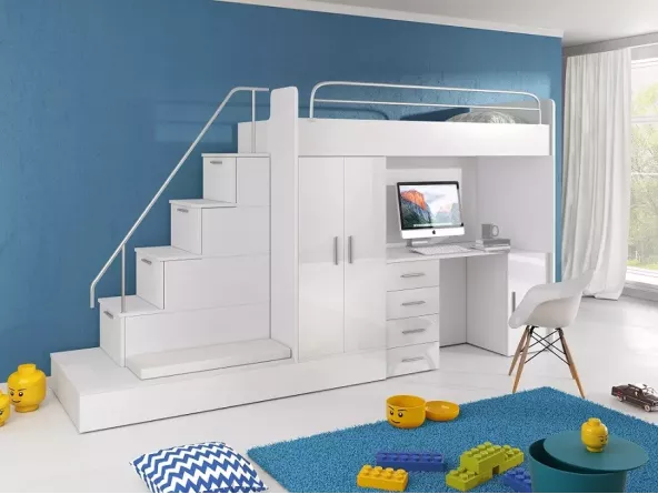 Hochbett Tomi mit Schreibtisch und Kleiderschrank - Fronten weiß