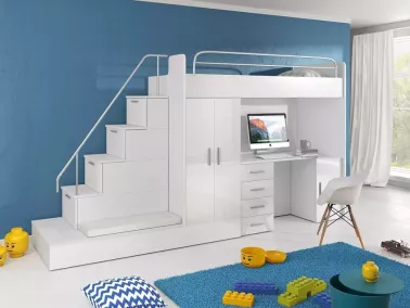 Hochbett Tomi mit Schreibtisch und Kleiderschrank - Fronten weiß