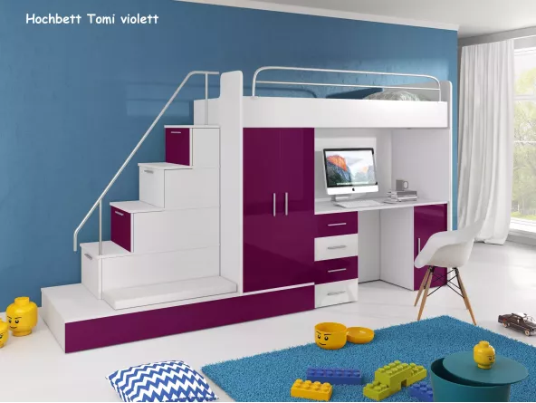 Hochbett Tomi mit Schreibtisch und Kleiderschrank - Fronten violett