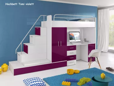 Hochbett Tomi mit Schreibtisch und Kleiderschrank - Fronten violett